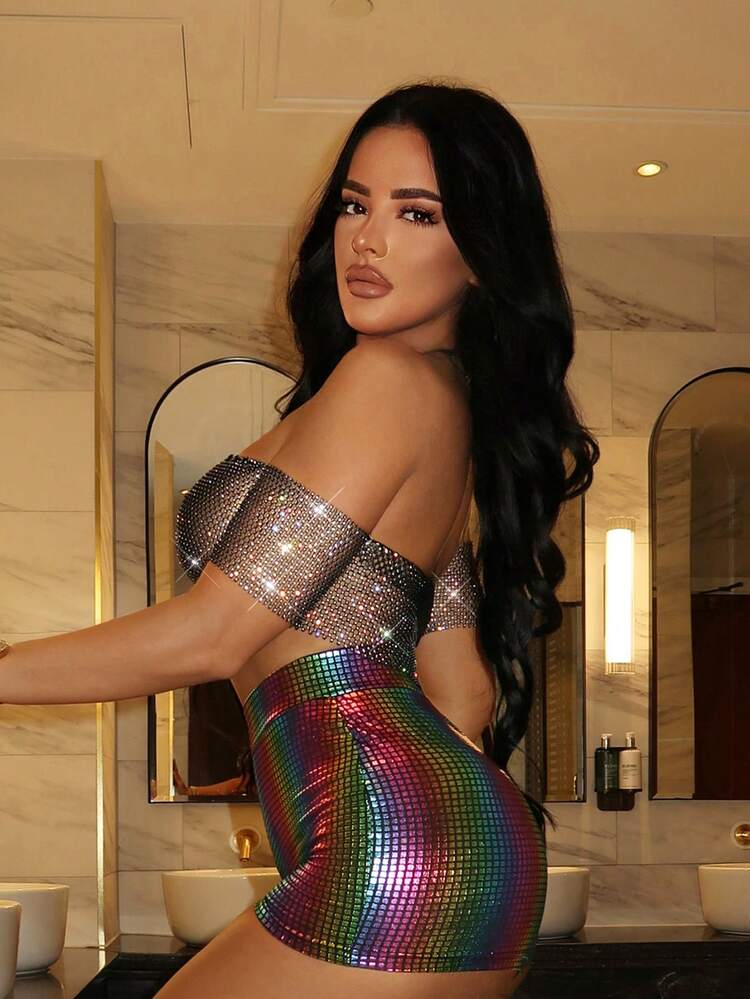 Valentines New Years Top Sexy Club New Years Women Short Sleeves Crop Top With Rhinestone Mesh & Halter Neck