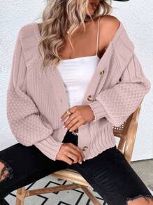 SHEIN LUNE Tay áo lồng đèn Nút Thiết kế Áo len Mở Áo len - Bụi hồng - Xem 3