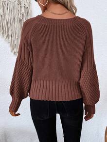 SHEIN Frenchy 燈籠袖系扣毛衣開襟衫 - 紅木色 - 查看 2