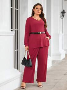 SHEIN Clasi Women'S Plus Size Solid Color T-Shirt And Pants - Red - View 5