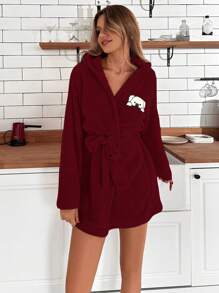 RueChic Cartoon Embroidered Hooded Belted Flannel Sleep Robe - Burgundy - View 4