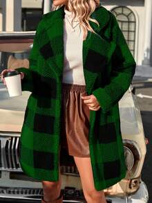 SHEIN Essnce 格紋印花西裝領落肩袖法蘭絨外套 - 墨綠色 - 查看 3