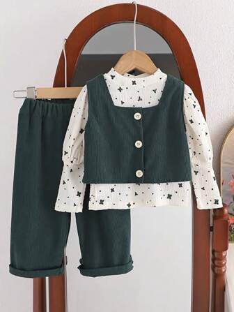 Baby Girl 3st Set: Gigot ärm T-shirt, rosett dekorerad väst och byxor