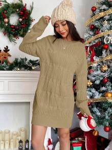 SHEIN Unity 女式紋理休閒毛衣連身裙 - 駝色 - 查看 5