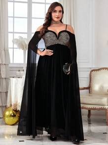 Plus Size Sleeveless Halter Neck Sequined Party Dress Black Elegant Long Sleeve Formal Evening Prom Wedding Guest Gown, For Graduation, Dinner - 黑色 - 查看 4