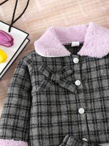 3入組嬰兒女孩對比色毛料格紋外套,配有蝴蝶結、裙子和帽子 - 灰色 - 查看 4
