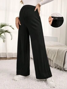 SHEIN Maternity Adjustable Waist Wide Leg Pants - Black - View 1