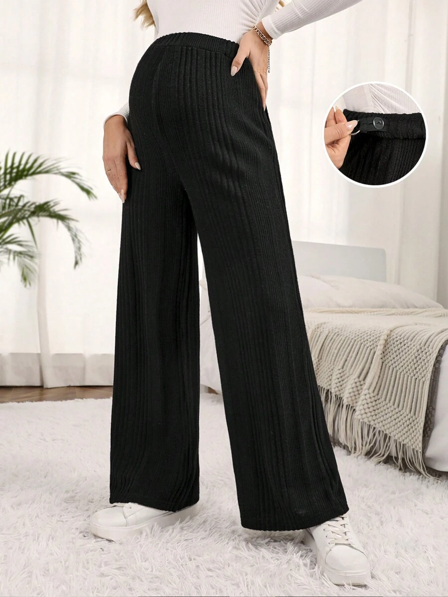 SHEIN Maternity Adjustable Waist Wide Leg Pants - Black - View 1