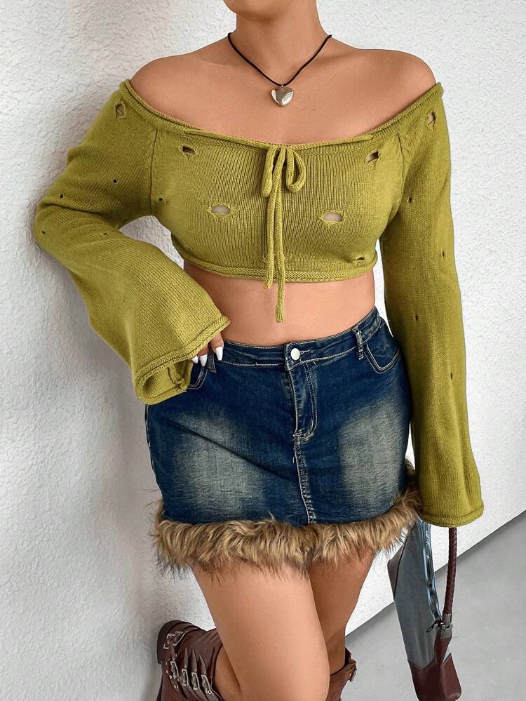 Plus Size Women's Open Shoulder Distressed Pullover Sweater Knit Pullover Fall Winter Sweater