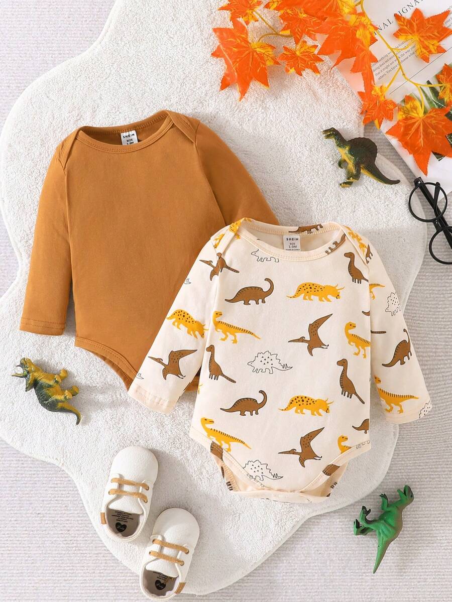 2 Miếng Em bé Đáng yêu Khủng long In Tay áo dài Áo liền quần chặt - Nhiều màu - Xem 1