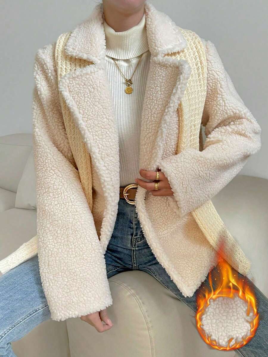 Chiquease Cổ áo Lót Teddy Nút đơn áo - Màu be - Xem 1