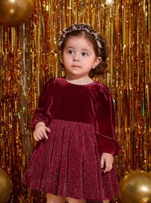 SHEIN Baby Girl Lantern Sleeve Glitter Dress Without Belt - Burgundy - View 4