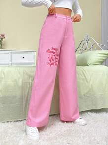 SHEIN EZwear Slogan Graphic Wide Leg Pants