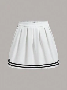 VARSITIE Striped Print Pleated Skirt - White - View 5