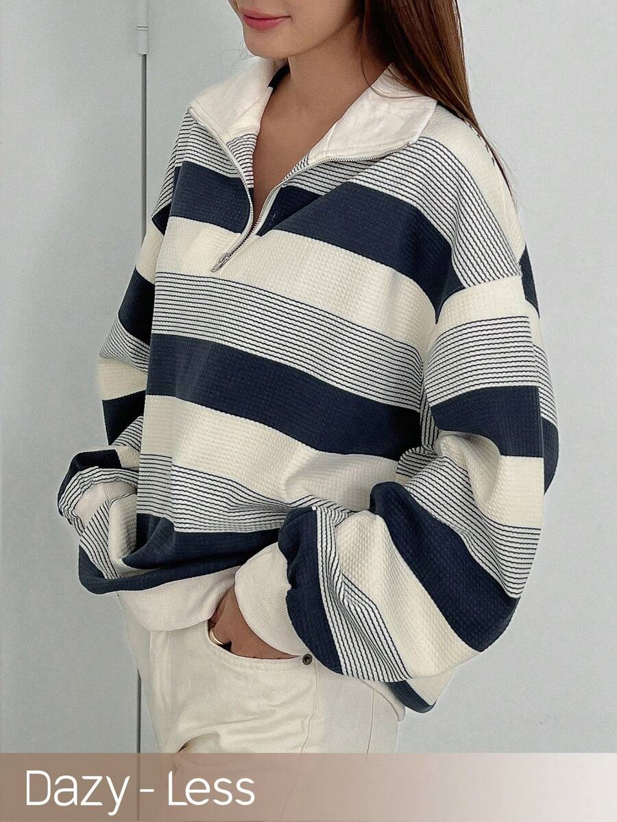 DAZY 條紋印花下垂肩半拉鍊運動衫 - 彩色 - 查看 1