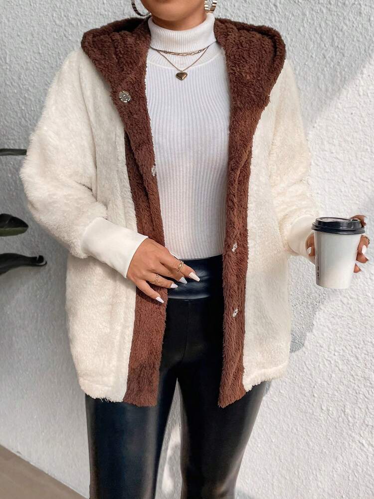 Plus Size Casual Contrast Color Patchwork Fluffy Hooded Coat, Thermal For Autumn/Winter