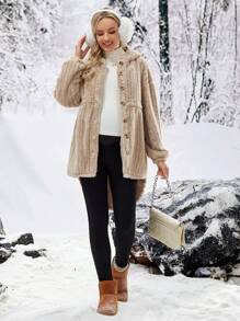 SHEIN Abrigo con capucha de unicolor esponjoso de maternidad con diseño de hombros caídos, para invierno - Caqui - Ver 3