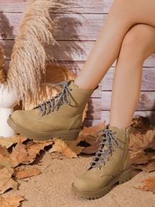 Khaki Motorcycle Boots With Buckled Straps, Fashionable Pu Leather Boots For Autumn And Winter Students' Wear