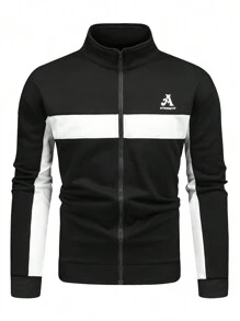Manfinity Sport Corelite Áo khoác thể thao cổ đứng in chữ màu sắc dành cho nam - Đen và trắng - Xem 1