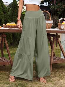 SHEIN VCAY Wide Waistband Ruffle Hem Wide Leg Pants - Army Green - View 6