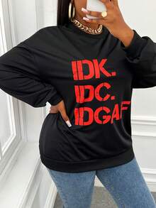 Slaydiva Plus Letter Graphic Drop Shoulder Sweatshirt - Black - View 3