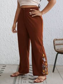 SHEIN VCAY Plus Floral Embroidery Flare Leg Pants - Brown - View 5