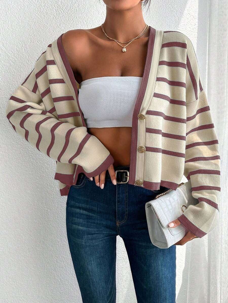 SHEIN Cottnline Women’s Striped Cardigan Sweater - Dusty Pink - View 1