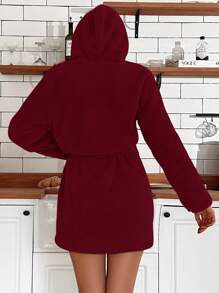 RueChic Cartoon Embroidered Hooded Belted Flannel Sleep Robe - Burgundy - View 2