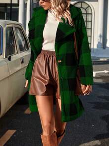 SHEIN Essnce 格紋印花西裝領落肩袖法蘭絨外套 - 墨綠色 - 查看 6