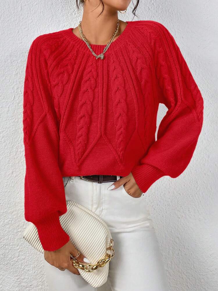 Women's Red Textured Crewneck Loose Pullover Sweater, Valentine's Day Knit Pullover Fall Winter Sweater