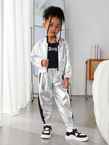 女孩休閒街頭風格塗層針織開衫、針織背心和束腳褲 - 彩色 - 查看 1