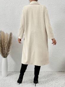 SHEIN Franclia Double-Breasted Open Front Shearling Coat With Side Pockets - Apricot - View 2