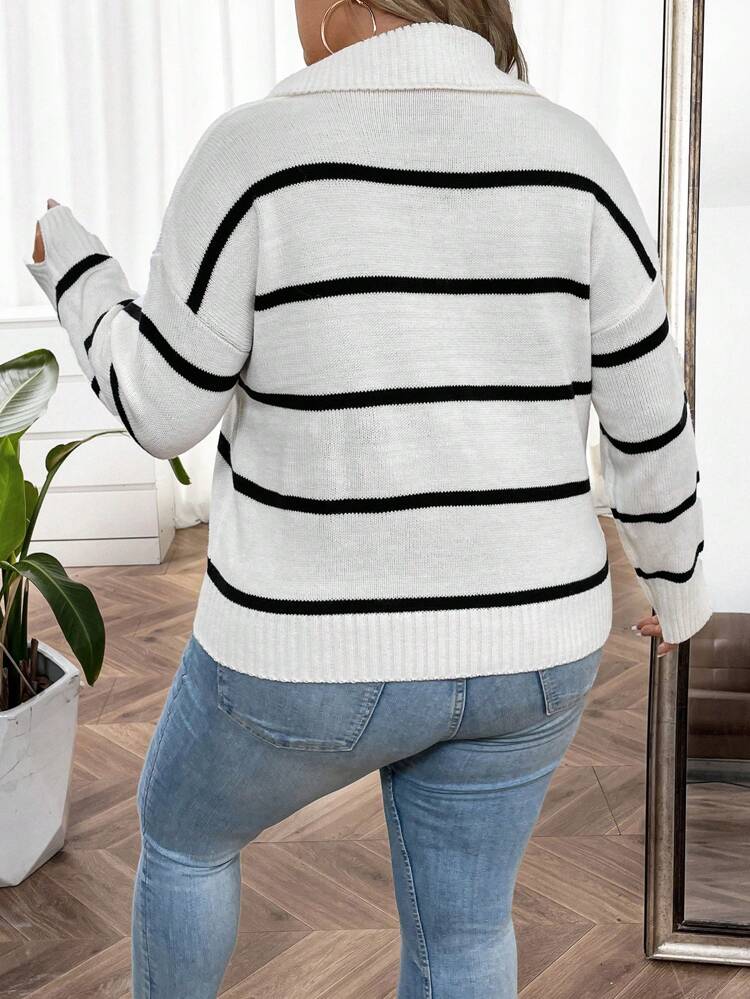 Plus Striped Pattern Drop Shoulder Sweater Knit Pullover Fall Winter Sweater