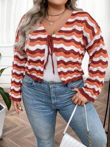 SHEIN CURVE+ Plus Chevron Pattern Drop Shoulder Cardigan - Orange - View 7