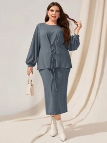 Mulvari Plus Size Round Neck Loose Cross Strap Top And Skirt Two Piece Set - Dusty Blue - View 4