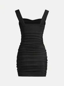 SHEIN Girlism Chica adolescente Vestido de tirantes unicolor fruncido - Negro - Ver 2