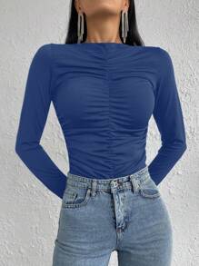 EURMUSE Solid Ruched Bodysuit - Blue - View 5