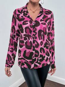 SHEIN LUNE In hoa Báo Nút phía trước Áo sơ mi - Màu Hồng Tươi - Xem 6