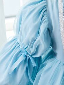 SHEIN Gorgeous, Elegant Bow Puff Sleeve Mesh Dress For Baby Girls, Suitable For Parties - Blue - View 3