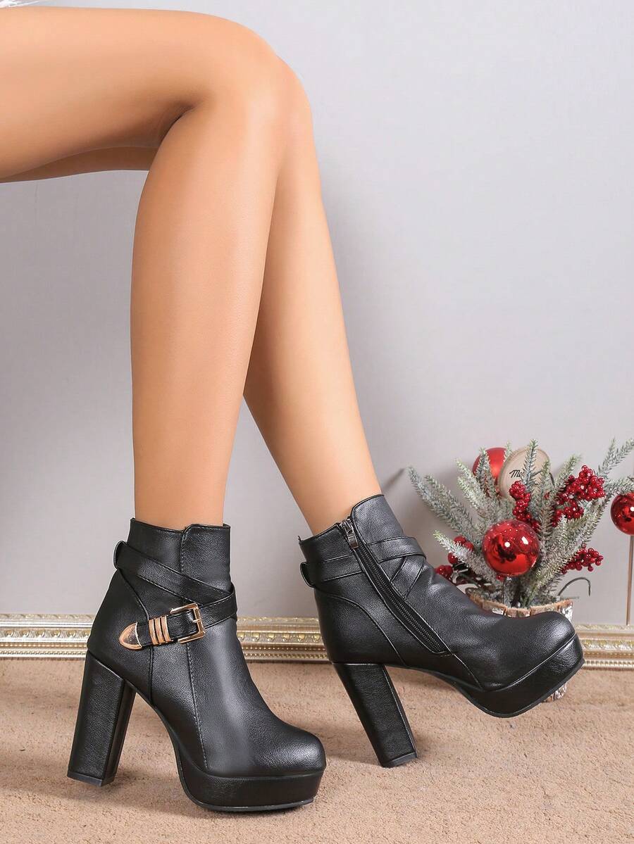 女性時尚粗跟腰帶扣裝飾的踝靴和短靴黑色高跟鞋切爾西靴適合派對和宴會在秋天和