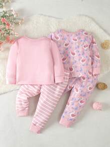 SHEIN Baby Girls' Cute & Fun Swan Printed Four-piece Set - Pink - View 2