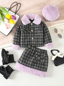 3入組嬰兒女孩對比色毛料格紋外套,配有蝴蝶結、裙子和帽子 - 灰色 - 查看 1