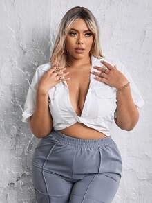 SHEIN SXY Plus Size Cropped Tie-front Shirt - White - View 4