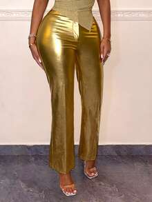 SHEIN SXY Metallic Pu Leather Party Women's Pants - Gold - View 3