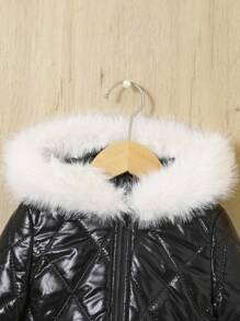 SHEIN Tween Girl Fuzzy Trim Hooded Quilted Coat - Black and White - View 6