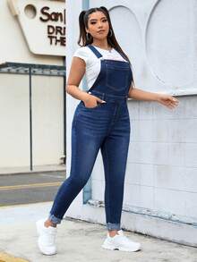 SHEIN EZwear Women's Plus Size Slim Fit Denim Overalls With Pockets - Dark Wash - View 5