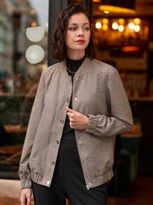 SHEIN Frenchy Chaqueta Cruzada Con Cremallera Frontal Y Patrón De Cuadrícula Para Mujer