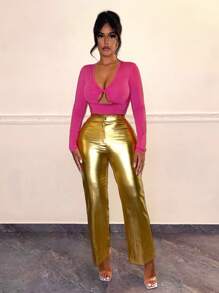 SHEIN SXY 深v領鏤空性感長袖t卹 - 粉色 - 查看 3