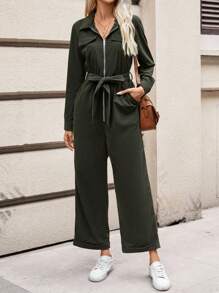 SHEIN Frenchy 拉鏈開襟腰帶闊腿連體褲 - 綠色 - 查看 4