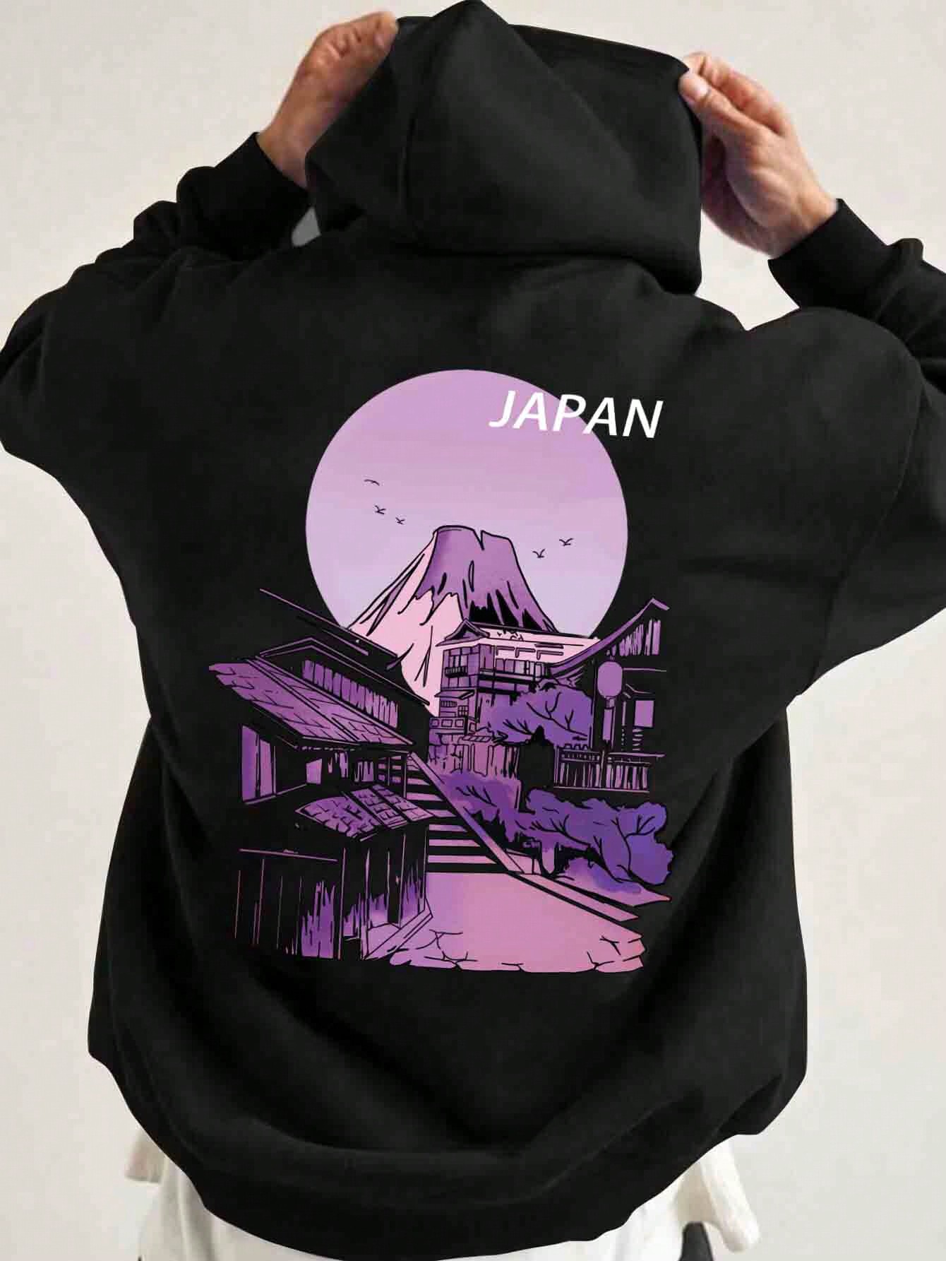 Manfinity Dauomo Men's Scenery Print Letter Detail Hooded Fleece Sweatshirt